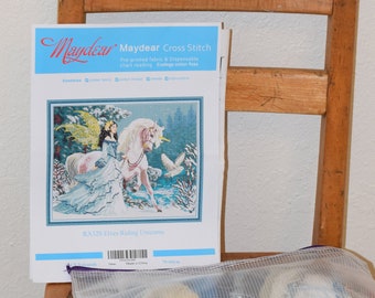 Incredible and Rare 'Maydear' / R320 Elves Riding Unicorns Large Embroidery Cross Stitch Kit with Thread, Canvas and Full Color Instructions