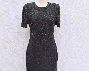 Black Beaded 'Laurence Kazar of New York' Silk Cocktail Dress - Women's Medium / 8