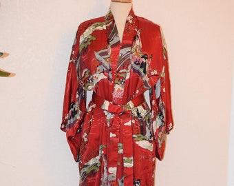 Deep Red Silk Vintage Kimono / Made in Japan Kimono with Cherry Blossoms and Boating Scenes / Vintage Lounging Robe - Medium to Large