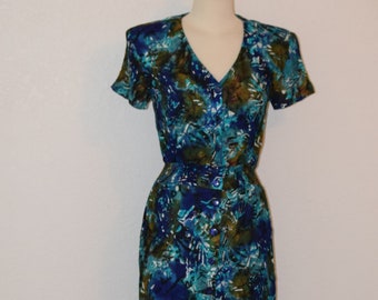 Vintage 1980's Blue, Turquoise Avocado Green Hawaiian Abstract Print Bark Cloth Short Sleeve Shirt Dress - Women's Small to Medium