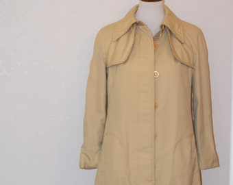 Fun Khaki / Light Mustard Twill Trench Swing Coat with Brown Tweed Wool Lining / Warm Coat / 1960's Vintage Jacket - Women's Small to Medium