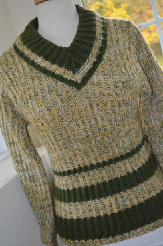 Cream, Gold and Green V Neck Tweed Wool Winter / … - image 4