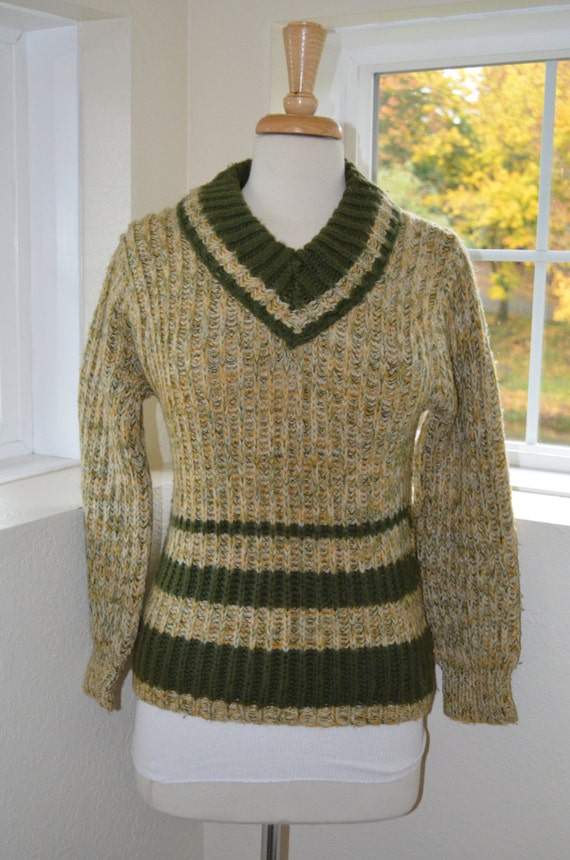 Cream, Gold and Green V Neck Tweed Wool Winter / … - image 1