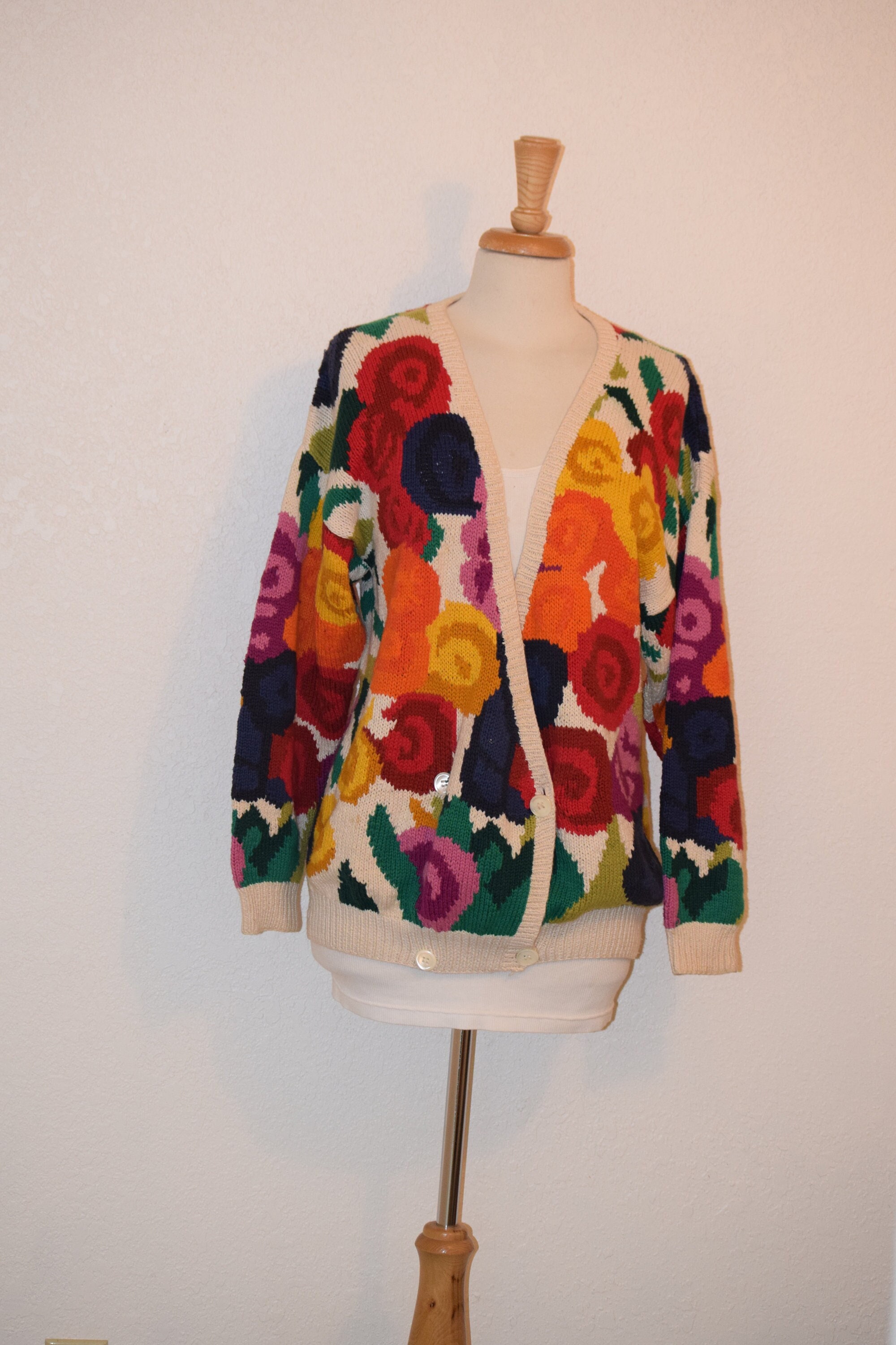 Bright Jewel Toned Floral 'Perry Ellis' 90's 1990's Hand Knit Oversize Slouchy Low Button Double Breasted Sweater Cardigan Women's Medium