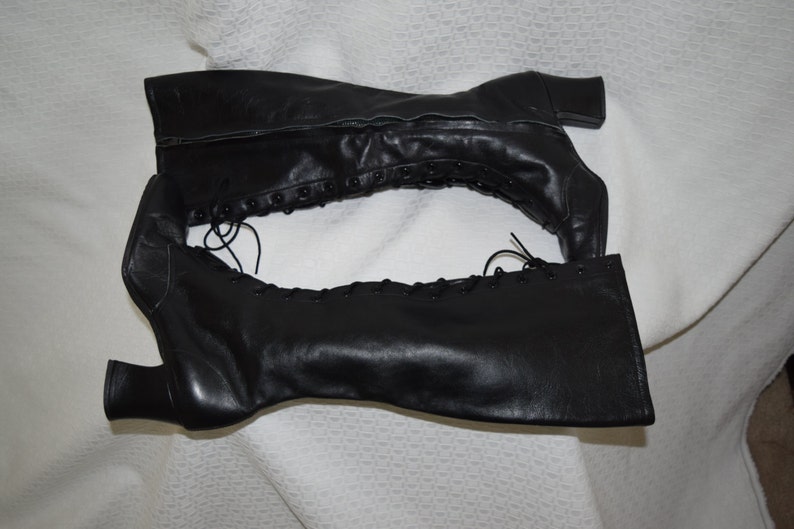 Black Leather /'Sbicca/' Lace up Side Zip Knee High Granny Boots Women/'s 5-6 N