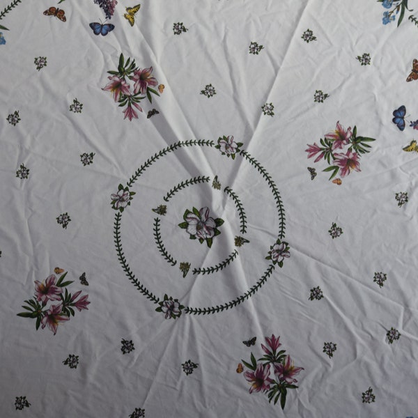Bright White Portmeirion Botanical Floral and Butterfly Print 72" Round Table Cloth / Garden Party and Wedding Table Covering