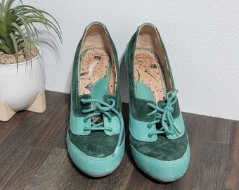 Miss L-Fire retro green suede with Stack Heels / Color Block Designer Shoes - Women's 8 1/2 / Euro 39 rockabilly 40s inspired pump