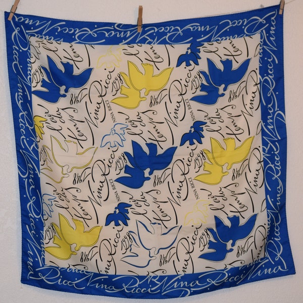 Beautiful Nini Ricci Royal Blue and Yellow L'Air Du Temps Perfume 50th Anniversary Large Square Designer Scarf with Abstract Birds