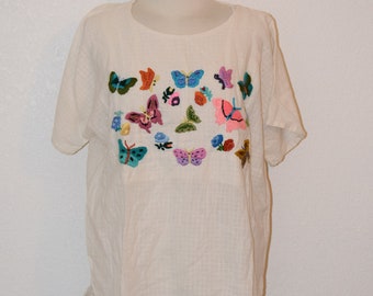 Adorable Gauzy Butterfly Embroidered Peasant Top / Blouse / Ethnic Style Embroidered Summer / Festival Shirt - Women's Medium to Large