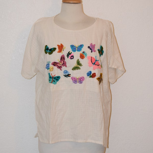 Adorable Gauzy Butterfly Embroidered Peasant Top / Blouse / Ethnic Style Embroidered Summer / Festival Shirt - Women's Medium to Large