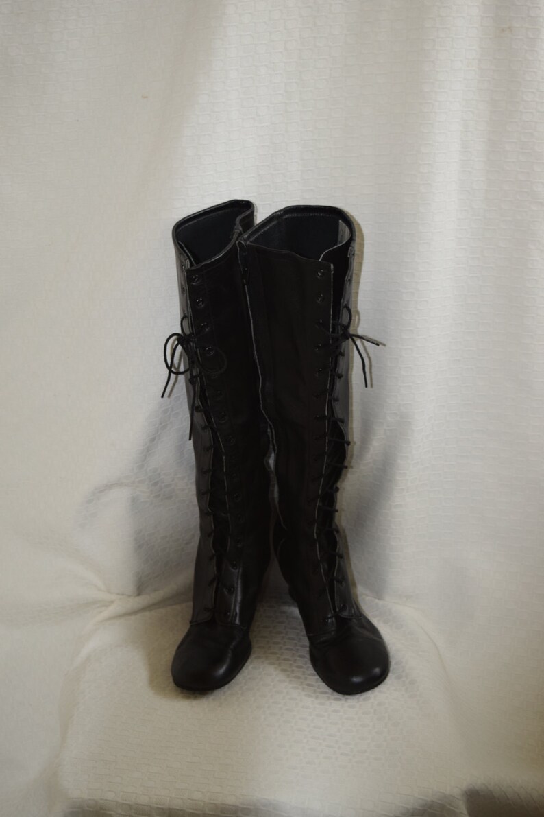 Black Leather /'Sbicca/' Lace up Side Zip Knee High Granny Boots Women/'s 5-6 N