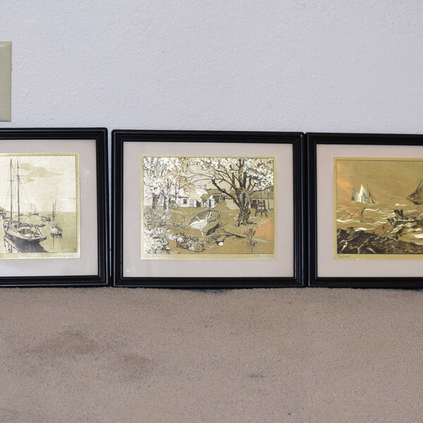 Set de tres / 3 grabados negros 'Lionel Barrymore' en papel de aluminio de oro / Nantucket / Shoreside Farm / Aguas tranquilas / Imágenes de mediados de siglo Arte mural