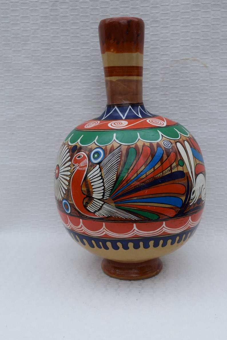 Vintage Hand Painted Mexican Pottery / Tall Neck Vase Etsy