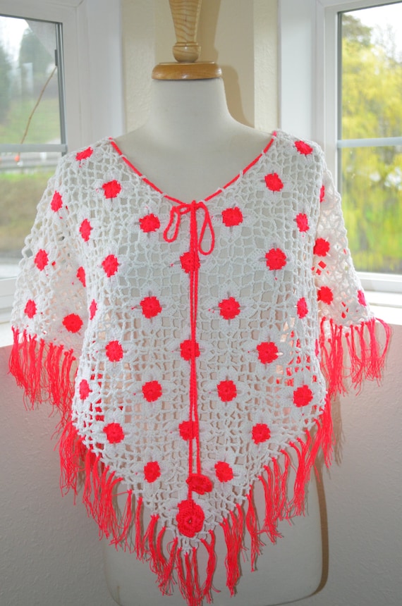 Vintage Hot Pink and White Crocheted Poncho / Cape
