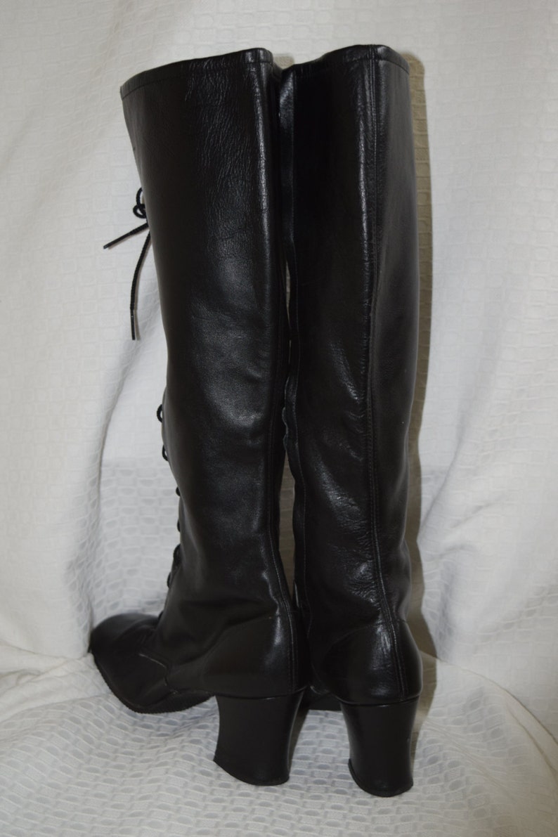 Black Leather /'Sbicca/' Lace up Side Zip Knee High Granny Boots Women/'s 5-6 N