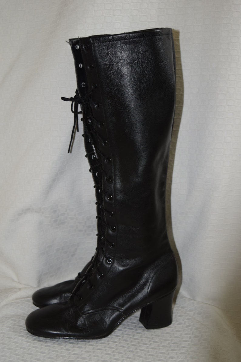 Black Leather /'Sbicca/' Lace up Side Zip Knee High Granny Boots Women/'s 5-6 N