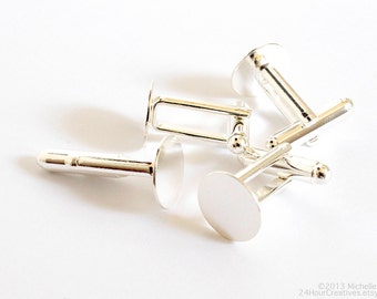 12mm Blank Cuff Links - Silver Flat Pad Toggle/Bullet-Style Cufflinks - Silver Finished Brass - Glue-on Customizable Cufflinks - 1 Pair