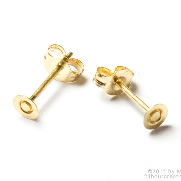14Kt Gold Blank Earstuds - 3mm Flat Pad Blank Gold Earring Posts - Solid Gold 3 mm Ear Studs with Earnut/Backings - 1 Pair Ea - MADE IN USA