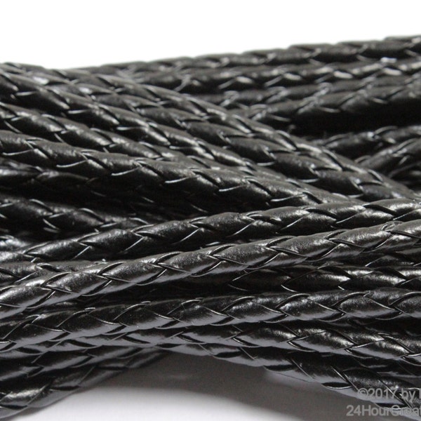 Black Bolo Cord - Braided Leatherette Bolo Tie Cording - 35"/35-Inch/Yard Pre-Cut - 3.5mm-4mm Thick - Western Bola - Vegan Leather - 1 Piece