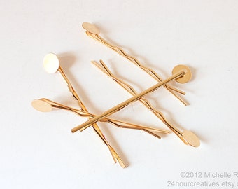 Gold Bobby Pins with Glue Pad - Blank Hair Pins - Gold Plated Steel Hairpins - 63mm Long Bobby Hair Clip with 10mm Round Glue Pad
