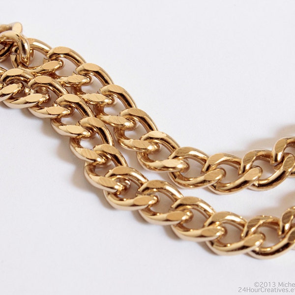 Heavy Gold Chain - Chunky Chain Gold Finished Steel - 7mm Wide Flat Curb Chain - Bulk Chain by the Foot - Gold Plated - Ships FAST from USA