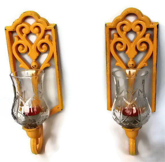 Items similar to Pair Yellow Candle Sconce Pair Filigree Shabby Rustic Distressed Glass on Etsy