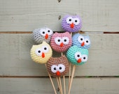 Crochet Owl on Stick Set of 3 –  Amigurumi Mini Owl – Free Shipping – Cake Topper – Christening Souvenir – Baby Shower – Nursery Room Decor