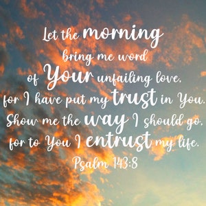 May include: A motivational quote against a backdrop of a colourful sunset sky. The quote reads: "Let the morning bring me word of Your unfailing love, for I have put my trust in You. Show me the way I should go, for to You I entrust my life." Psalm 143:8