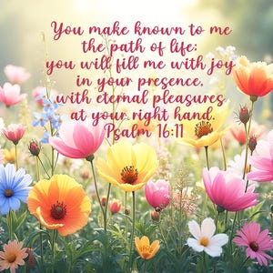 Può includere: Un'immagine vibrante di un campo di fiori colorati in piena fioritura. I fiori includono fiori rosa, gialli, arancioni, blu e bianchi. Il testo in corsivo recita: "Mi farai conoscere il sentiero della vita: mi rallegrerai con la gioia della tua presenza. Salmo 16:11."