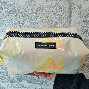Large lined waterproof toiletry bag, coated fabric, yellow folsky foam small pan print, travel bag, pencil case
