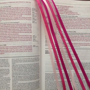 Może przedstawiać: Otwartą Biblia z r&oacute;żowymi i białymi wstążkami jako zakładkami. Tekst na stronie brzmi: "Gdzie jest tw&oacute;j skarb, tam będzie też twoje serce." Biblia jest otwarta na Ewangelię według św. Łukasza, rozdział 13.