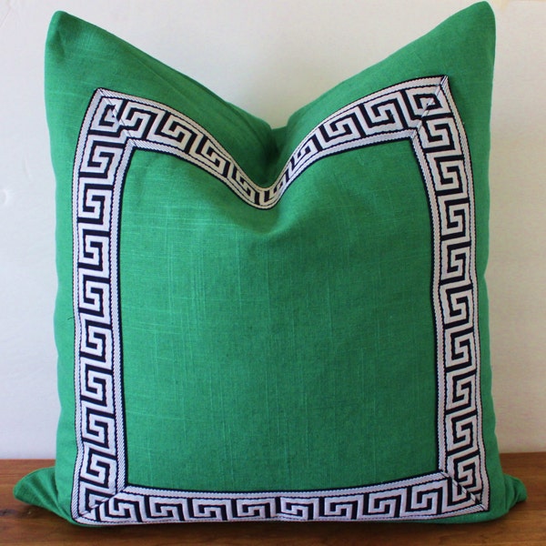 Listing for Jennifer-Greek Key Trim Pillow - Pillow - Green Slub Linen- Black and White Greek Key