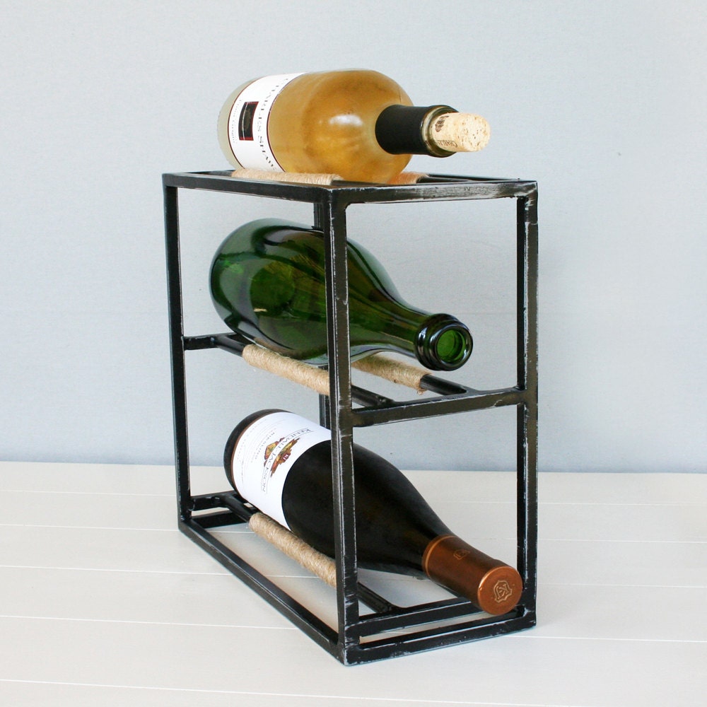 Small Wine Rack Jute Wrapped Steel 3 Bottle Table Top Wine Etsy