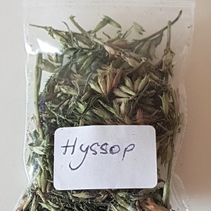 May include: A clear plastic resealable bag filled with dried green and brown hyssop plant matter. A white rectangular label is attached to the front of the bag with the word Hyssop written in blue ink in a cursive script style.