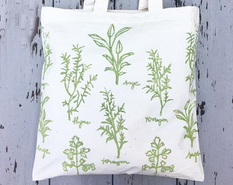 Tote bag, farmers market, herb, herb tote, reusable grocery bag, mothers day gift, gift for her, block print bag