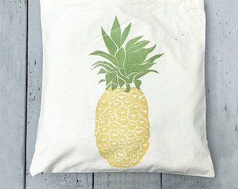Tote bag, farmers market, Pineapple, Pineapple tote, reusable grocery bag, mothers day gift, gift for her, block print bag