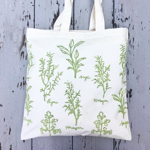 Tote bag, farmers market, herb, herb tote, reusable grocery bag, mothers day gift, gift for her, block print bag