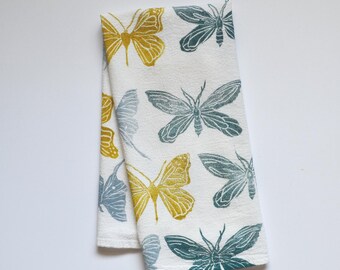 Hand Printed Flour Sack Towel, Butterfly, Moth, Natural Cotton Dish Towel, Hostess Gift