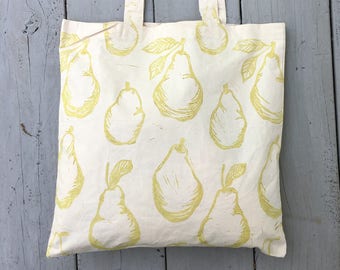 Tote bag, farmers market, pears, reusable grocery bag, mothers day gift, gift for her, block print bag