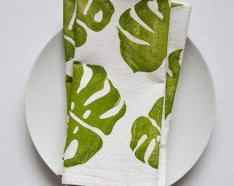 Monstera Cloth Napkins: Block Print Flour Sack Cotton, Set of 4