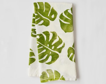 Monstera Kitchen Towel, Block Printed, Flour Sack