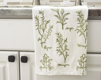 Herb dish towel, Tea towel, Hand printed dish towel, Sage, flour sack towel, block print towel, hostess gift, gift for her, gift for mom