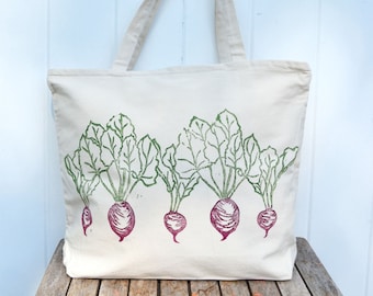 Large zipper tote, Beet bag, Tote bag, farmers market, beet, reusable grocery bag, mothers day gift, gift for her, block print bag