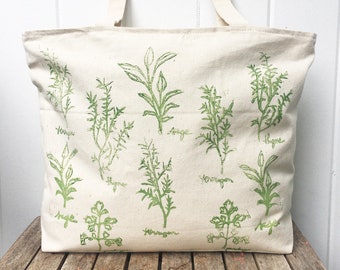 Large zipper tote, overnight bag, Tote bag, farmers market, herbs, reusable grocery bag, mothers day gift, gift for her, block print bag