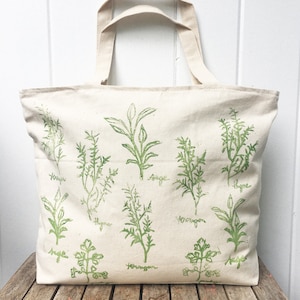 Large zipper tote, overnight bag, Tote bag, farmers market, herbs, reusable grocery bag, mothers day gift, gift for her, block print bag image 1