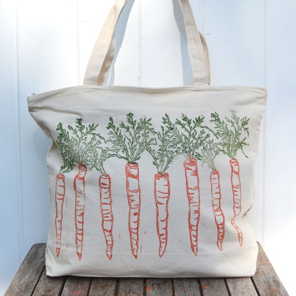 Large zipper tote, overnight bag, Tote bag, farmers market, carrots, reusable grocery bag, mothers day gift, gift for her, block print bag