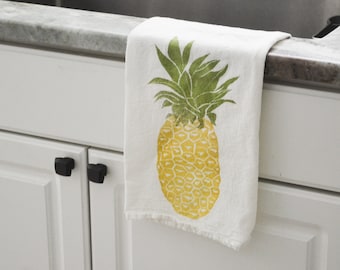 Pineapple dish towel, Tea towel, hand printed dish towel, flour sack towel, block print towel, hostess gift, gift for her, gift for mom