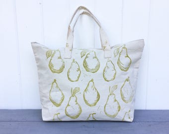 Large zipper tote, overnight bag, pear bag, farmers market, pears, reusable grocery bag, mothers day gift, gift for her, block print bag