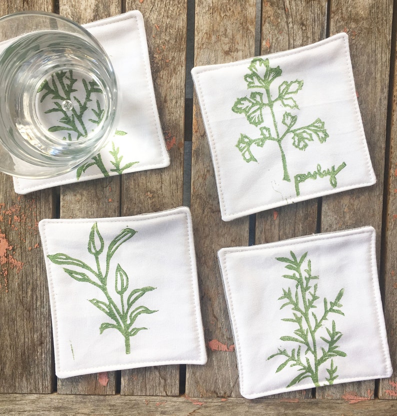 green coasters Housewarming Herb Coasters cloth coaster set Gift for her hostess gift Mother/'s day gift Set of 4 Coasters