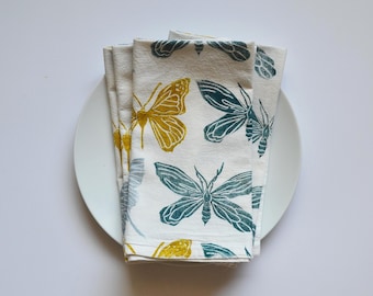Block Print Napkins: Butterfly, Moth, Flour Sack Cotton, Set of 4